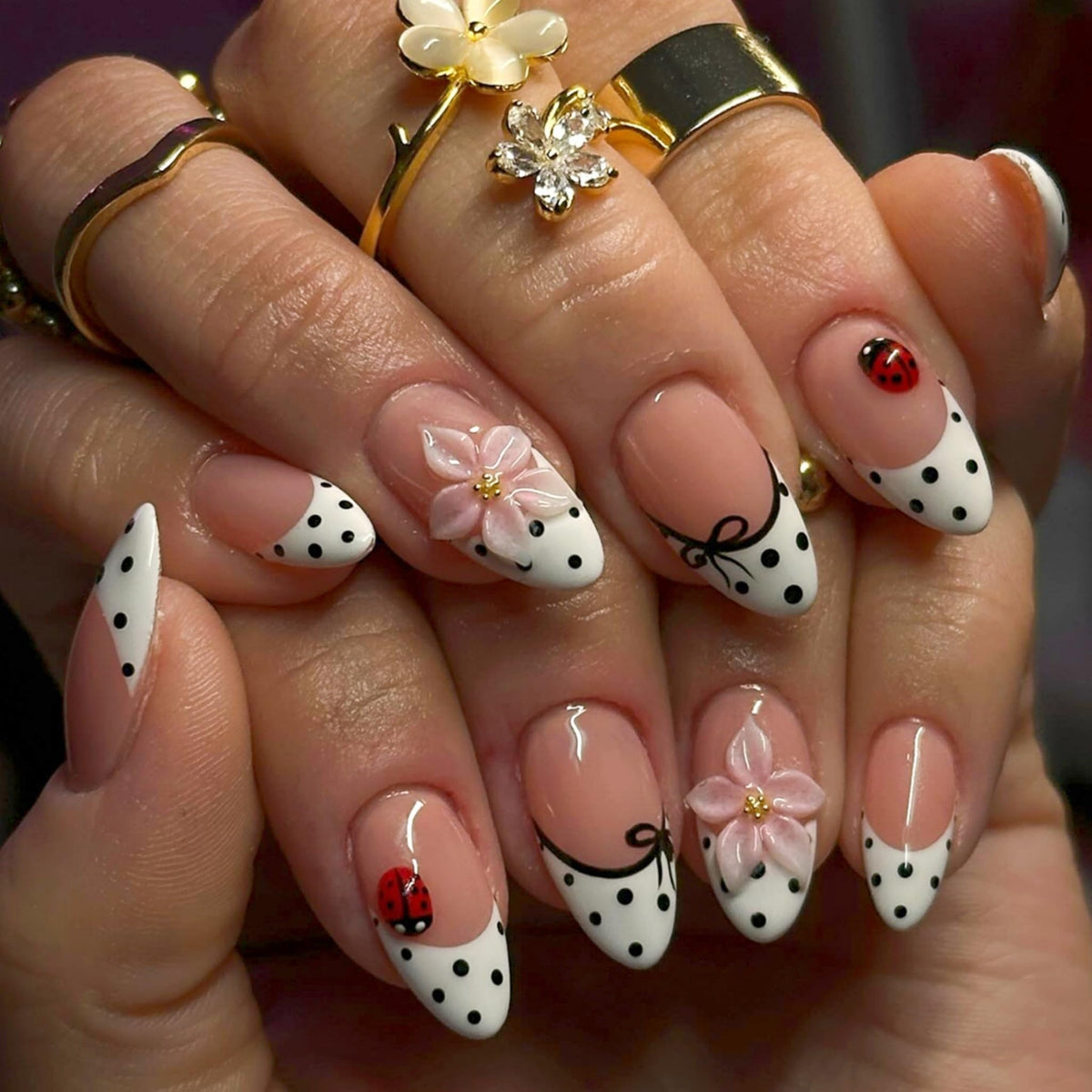 Long Press on Nails Almond Fake Nails Purple French Artificial Nail with 3D Flowers Designs Glitter Summer and Fall Cute Stick on Nail for Women 24pcs