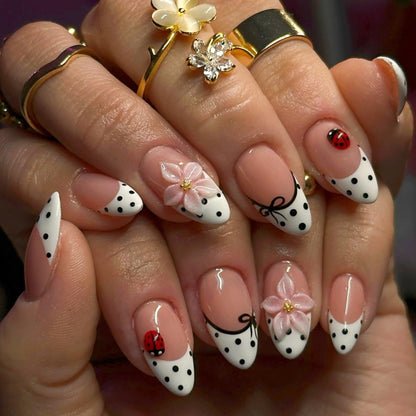 Long Press on Nails Almond Fake Nails Purple French Artificial Nail with 3D Flowers Designs Glitter Summer and Fall Cute Stick on Nail for Women 24pcs