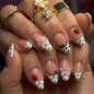 Long Press on Nails Almond Fake Nails Purple French Artificial Nail with 3D Flowers Designs Glitter Summer and Fall Cute Stick on Nail for Women 24pcs