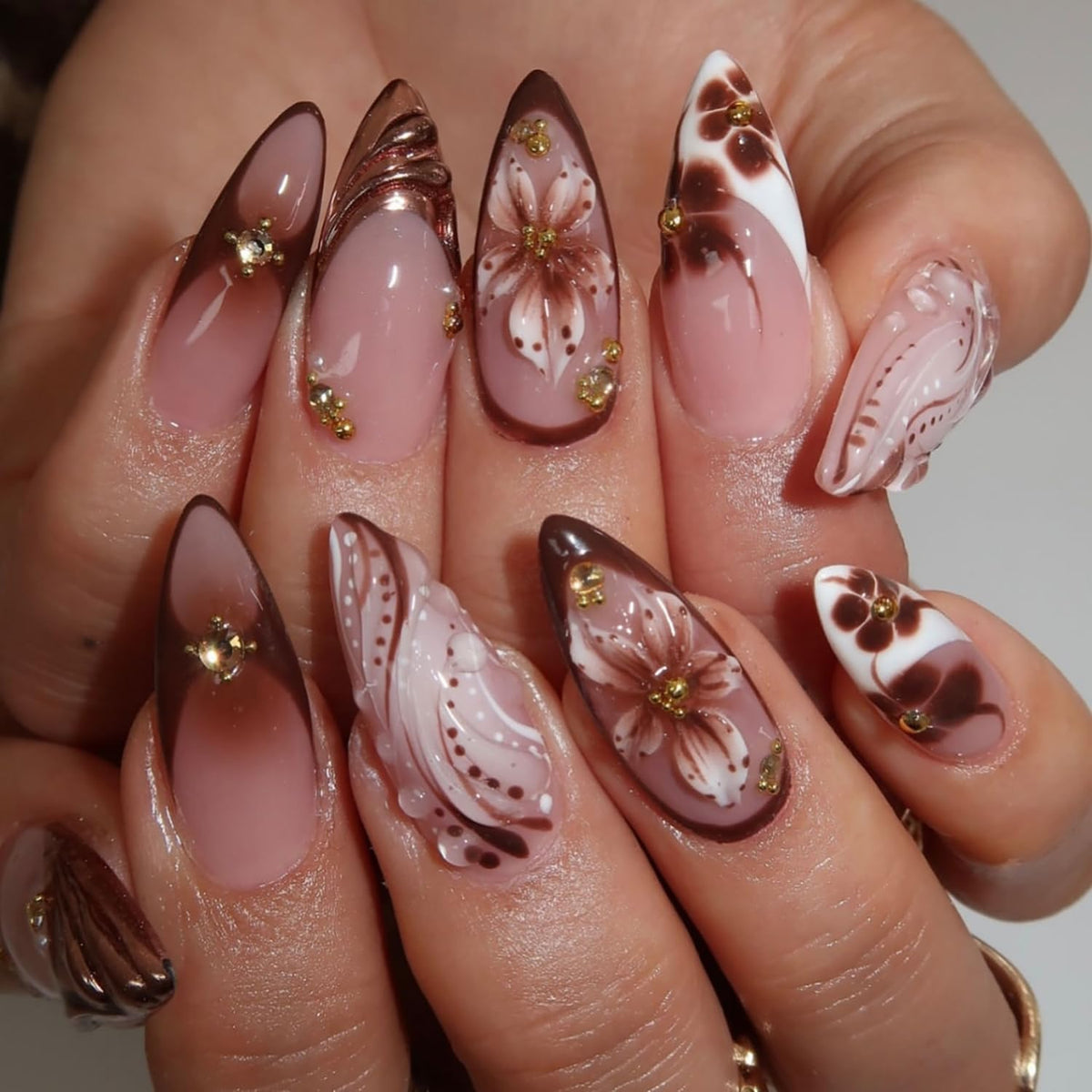 Spring Press On Nails French Fake Nails Medium Almond False Nails With Flower Pearl Designs Acrylic Nail Press Ons Full Cover Glue On Nails Glossy Stick On Nails For Women Manicure 24Pcs