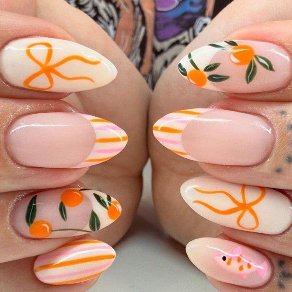 French Tip Press on Nails Almond Medium Fake Nails with Cat Eye Stars Designs Nails Press ons Gold Nude Glue on Nails Natural Artificial Nails Cute Stick on Nails for Women 24Pcs