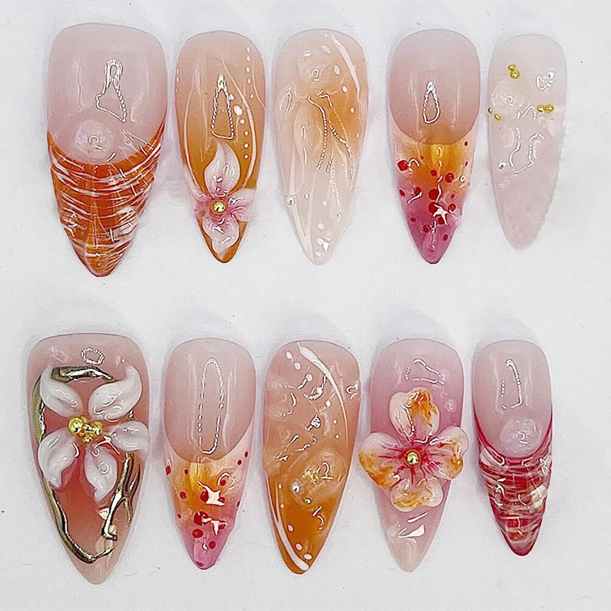 30Pcs Pink Flower Press on Nails Medium Almond Fake Nails Peach Blossom with 3D Rhinestones Pearl Gold Glitter Design Artificial Cute Cat Nails Stick on Nails Spring False Nails for Women Acrylic Nail