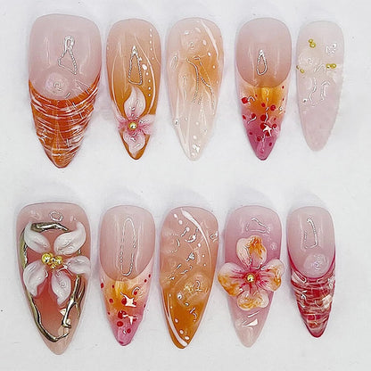 30Pcs Pink Flower Press on Nails Medium Almond Fake Nails Peach Blossom with 3D Rhinestones Pearl Gold Glitter Design Artificial Cute Cat Nails Stick on Nails Spring False Nails for Women Acrylic Nail