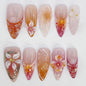 30Pcs Pink Flower Press on Nails Medium Almond Fake Nails Peach Blossom with 3D Rhinestones Pearl Gold Glitter Design Artificial Cute Cat Nails Stick on Nails Spring False Nails for Women Acrylic Nail