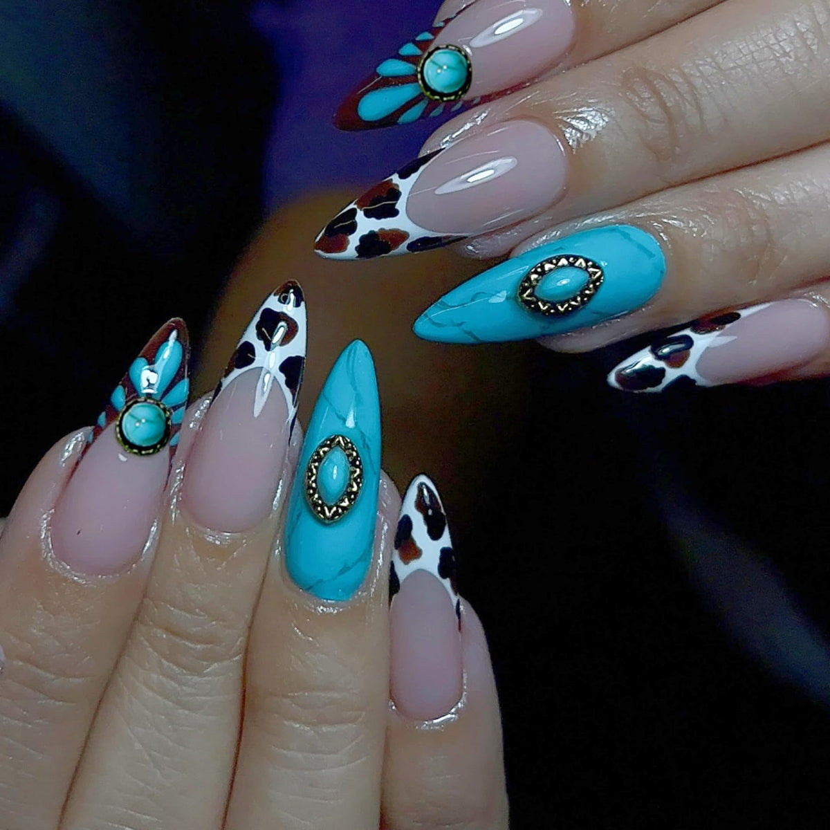 Long Press on Nails Almond Fake Nails Purple French Artificial Nail with 3D Flowers Designs Glitter Summer and Fall Cute Stick on Nail for Women 24pcs