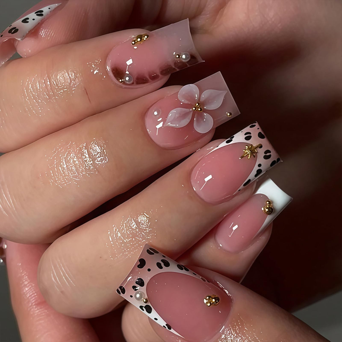 Purple Press On Nails Short Square Black Flowers Line Design Rhinestones