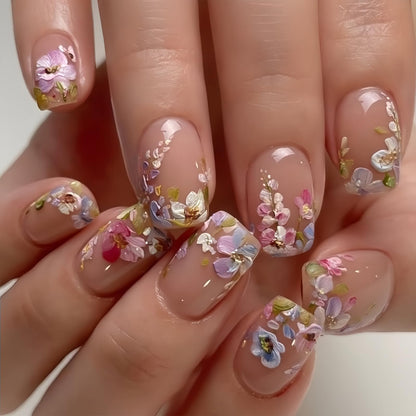 Purple Press On Nails Short Square Black Flowers Line Design Rhinestones