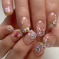 Purple Press On Nails Short Square Black Flowers Line Design Rhinestones
