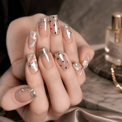 24PCS French Tip Press On Nails, Glossy Nude Square, Silver Edge