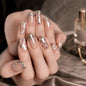 24PCS French Tip Press On Nails, Glossy Nude Square, Silver Edge