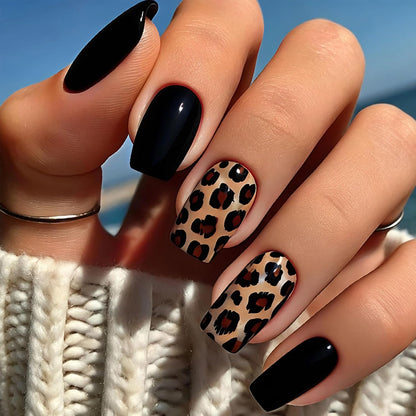 Leopard Press on Nails Medium Square Glossy Black Fake Nails