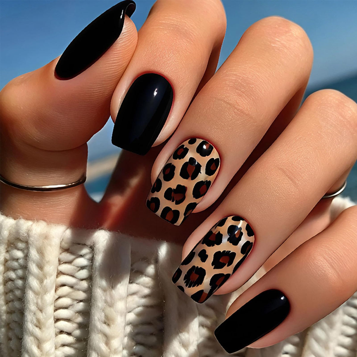 Leopard Press on Nails Medium Square Glossy Black Fake Nails