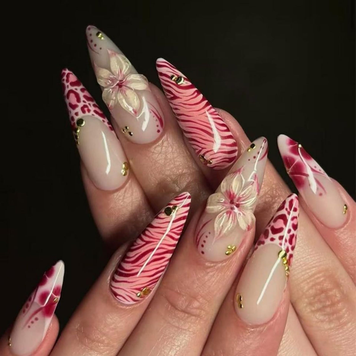 Long Press on Nails Almond Fake Nails Purple French Artificial Nail with 3D Flowers Designs Glitter Summer and Fall Cute Stick on Nail for Women 24pcs