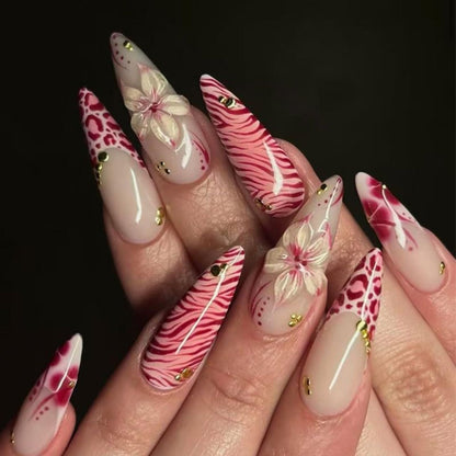 Long Press on Nails Almond Fake Nails Purple French Artificial Nail with 3D Flowers Designs Glitter Summer and Fall Cute Stick on Nail for Women 24pcs