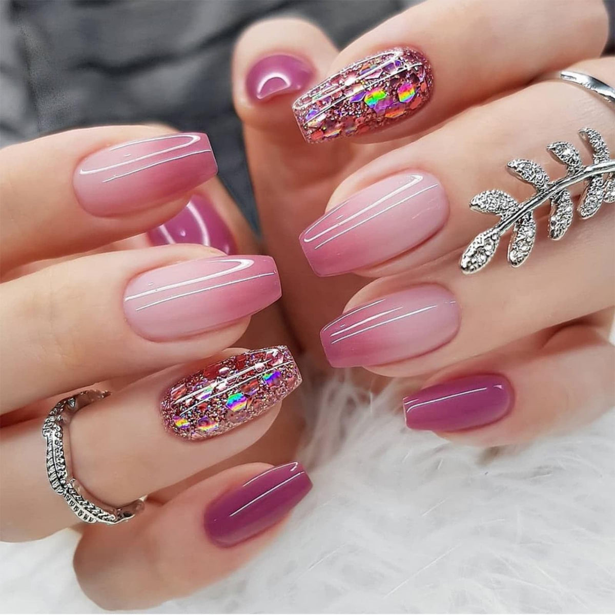 24PCS French Tip Press On Nails, Glossy Nude Square, Silver Edge
