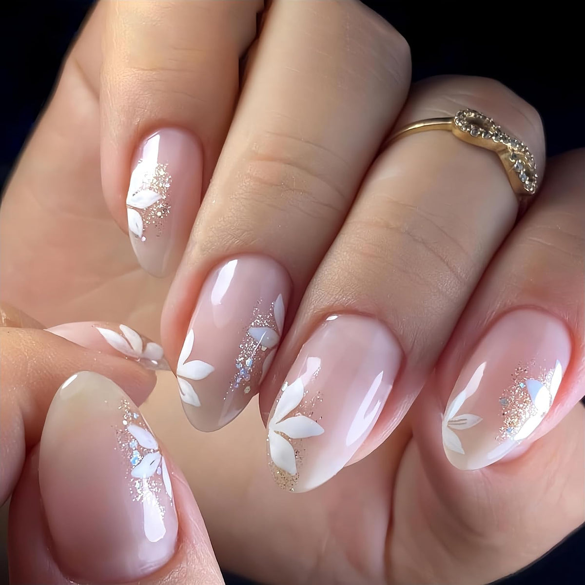 Fall Short Press On Nails Almond, Nude Fake Nails accented with golden glitter and Graceful White Floral Petal Design, Glossy Gel Finish Acrylic Nails, Natural Reusable Glue On Nails for Women