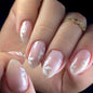 Fall Short Press On Nails Almond, Nude Fake Nails accented with golden glitter and Graceful White Floral Petal Design, Glossy Gel Finish Acrylic Nails, Natural Reusable Glue On Nails for Women