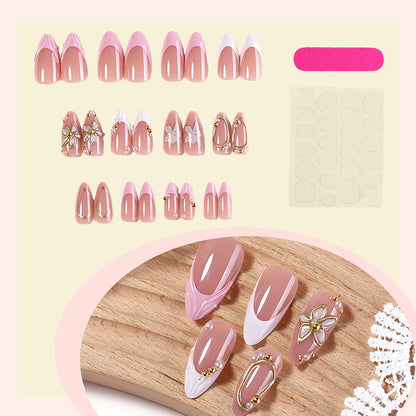 Spring Press On Nails French Fake Nails Medium Almond False Nails With Flower Pearl Designs Acrylic Nail Press Ons Full Cover Glue On Nails Glossy Stick On Nails For Women Manicure 24Pcs