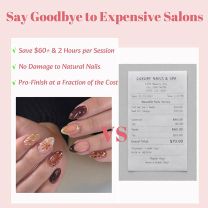 Fall Press on Nails Medium Almond French Tip, 30 Pcs Handmade 3D Flowers Gold Lines Embossed Designs, Glossy Nude Fake Nails, Reusable Glue On Nails, Full Cover Acrylic Nails for Women Brown
