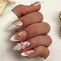 French Tip Press on Nails Almond Medium Fake Nails with Cat Eye Stars Designs Nails Press ons Gold Nude Glue on Nails Natural Artificial Nails Cute Stick on Nails for Women 24Pcs