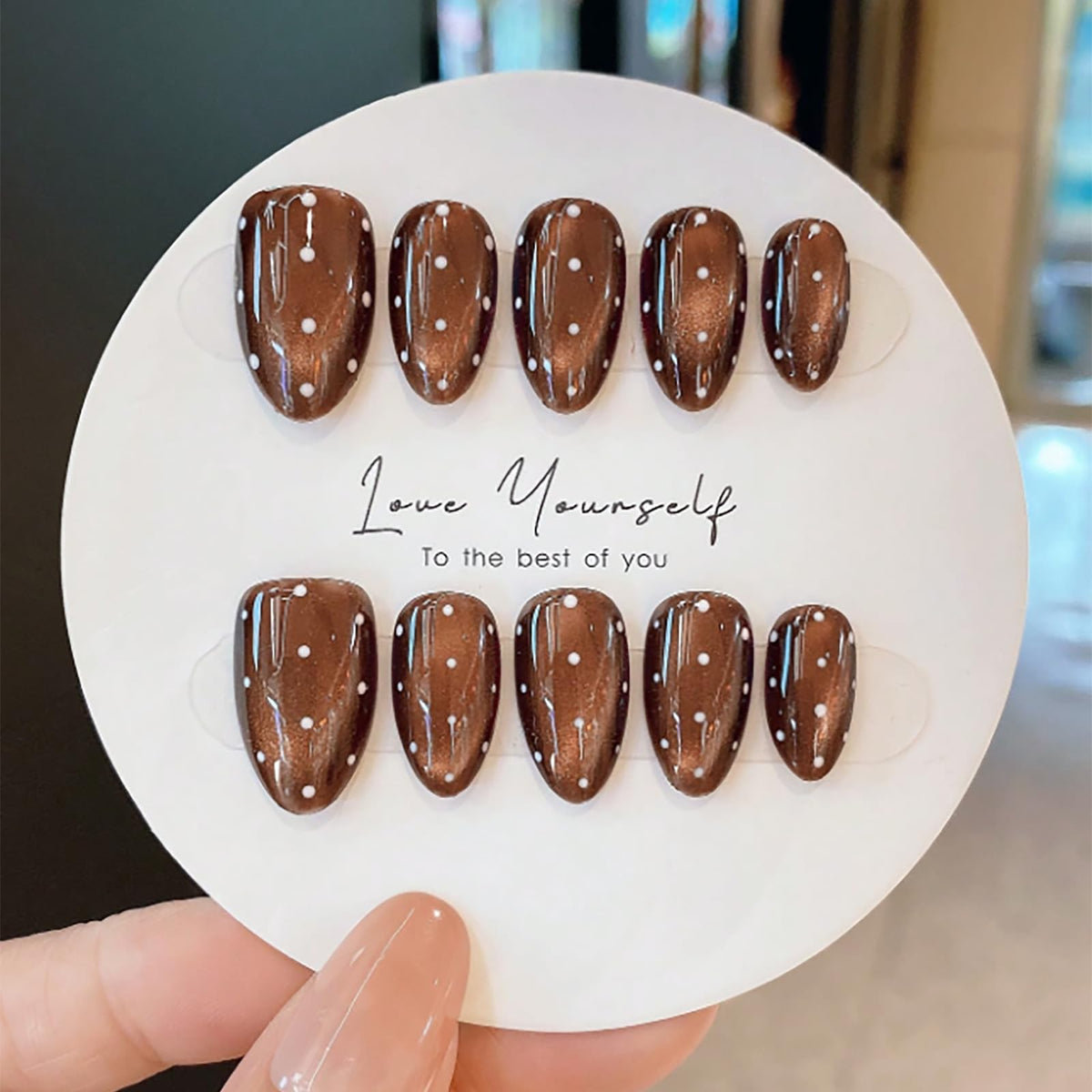 Handmade Press on Nails Short Almond Nude Polka Dot Glossy Reusable Fake Nails, Minimalist Beige Acrylic Press on Nails with White Dot Design for Women Girls 10 PCS(M)