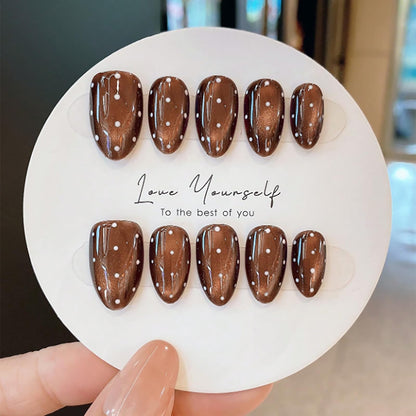 Handmade Press on Nails Short Almond Nude Polka Dot Glossy Reusable Fake Nails, Minimalist Beige Acrylic Press on Nails with White Dot Design for Women Girls 10 PCS(M)
