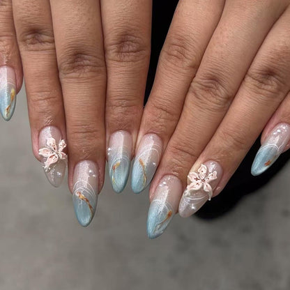 French Tip Press on Nails Almond Medium Fake Nails with Cat Eye Stars Designs Nails Press ons Gold Nude Glue on Nails Natural Artificial Nails Cute Stick on Nails for Women 24Pcs