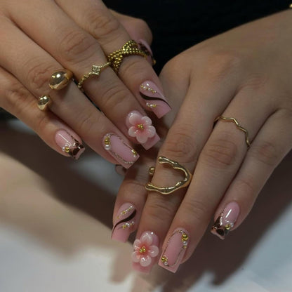 Fall Press on Nails Medium Almond French Tip, 30 Pcs Handmade 3D Flowers Gold Lines Embossed Designs, Glossy Nude Fake Nails, Reusable Glue On Nails, Full Cover Acrylic Nails for Women Brown