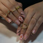 Fall Press on Nails Medium Almond French Tip, 30 Pcs Handmade 3D Flowers Gold Lines Embossed Designs, Glossy Nude Fake Nails, Reusable Glue On Nails, Full Cover Acrylic Nails for Women Brown