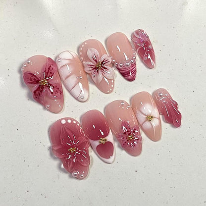 Spring Press On Nails French Fake Nails Medium Almond False Nails With Flower Pearl Designs Acrylic Nail Press Ons Full Cover Glue On Nails Glossy Stick On Nails For Women Manicure 24Pcs