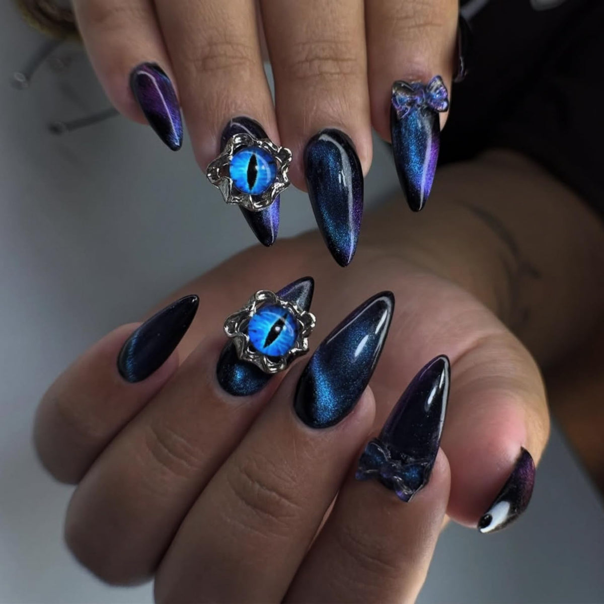 Long Press on Nails Almond Fake Nails Purple French Artificial Nail with 3D Flowers Designs Glitter Summer and Fall Cute Stick on Nail for Women 24pcs