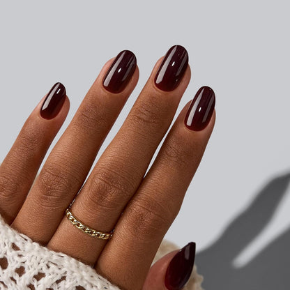 BTArtbox Press On Nails, Short Oval Dark Red Fake Nails, 32Pcs Full Kit