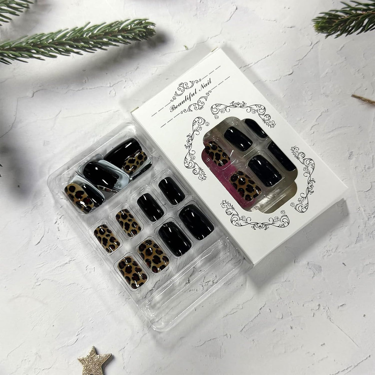 Leopard Press on Nails Medium Square Glossy Black Fake Nails