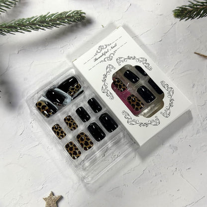 Leopard Press on Nails Medium Square Glossy Black Fake Nails