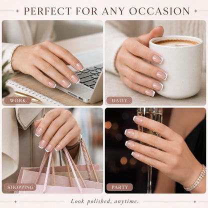 24PCS French Tip Press On Nails, Glossy Nude Square, Silver Edge