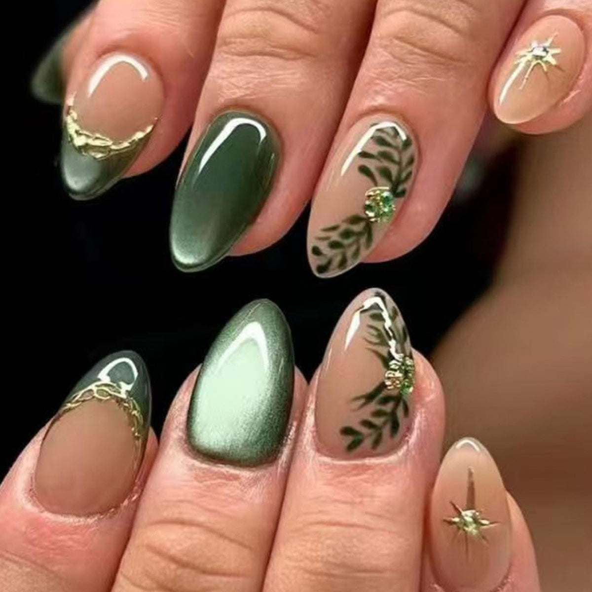 French Tip Press on Nails Almond Medium Fake Nails with Cat Eye Stars Designs Nails Press ons Gold Nude Glue on Nails Natural Artificial Nails Cute Stick on Nails for Women 24Pcs