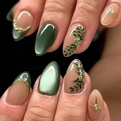 French Tip Press on Nails Almond Medium Fake Nails with Cat Eye Stars Designs Nails Press ons Gold Nude Glue on Nails Natural Artificial Nails Cute Stick on Nails for Women 24Pcs