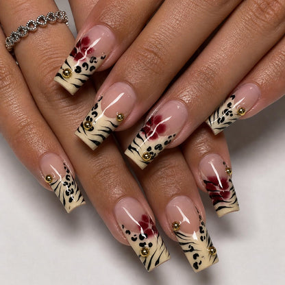 Long Square Press on Nails - Leopard Print French Tip Fake Nails Press ons with 3D Gold Pearl and Red Flower Designs, Glossy Reusable Autumn Winter Stick on False Nails for Women 24PCS