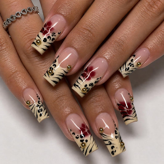 Long Square Press on Nails - Leopard Print French Tip Fake Nails Press ons with 3D Gold Pearl and Red Flower Designs, Glossy Reusable Autumn Winter Stick on False Nails for Women 24PCS