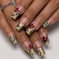 Long Square Press on Nails - Leopard Print French Tip Fake Nails Press ons with 3D Gold Pearl and Red Flower Designs, Glossy Reusable Autumn Winter Stick on False Nails for Women 24PCS