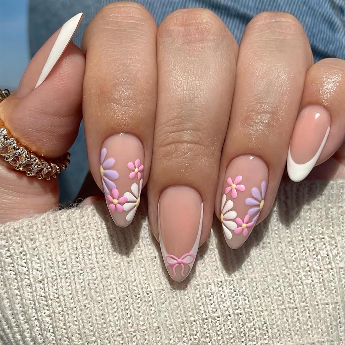 Spring Fake Acrylic Press On Nails – Starry Sky Designer False Nails Medium Almond, Salon Quality, Glossy Reusable Stick-On Nails for Weddings, Outdoor Picnics & Parties | Gift for Women