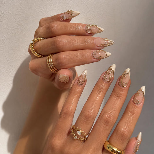 White French Tip Press on Nails, Nude Pink Nails Gold Swirl Fake Nails