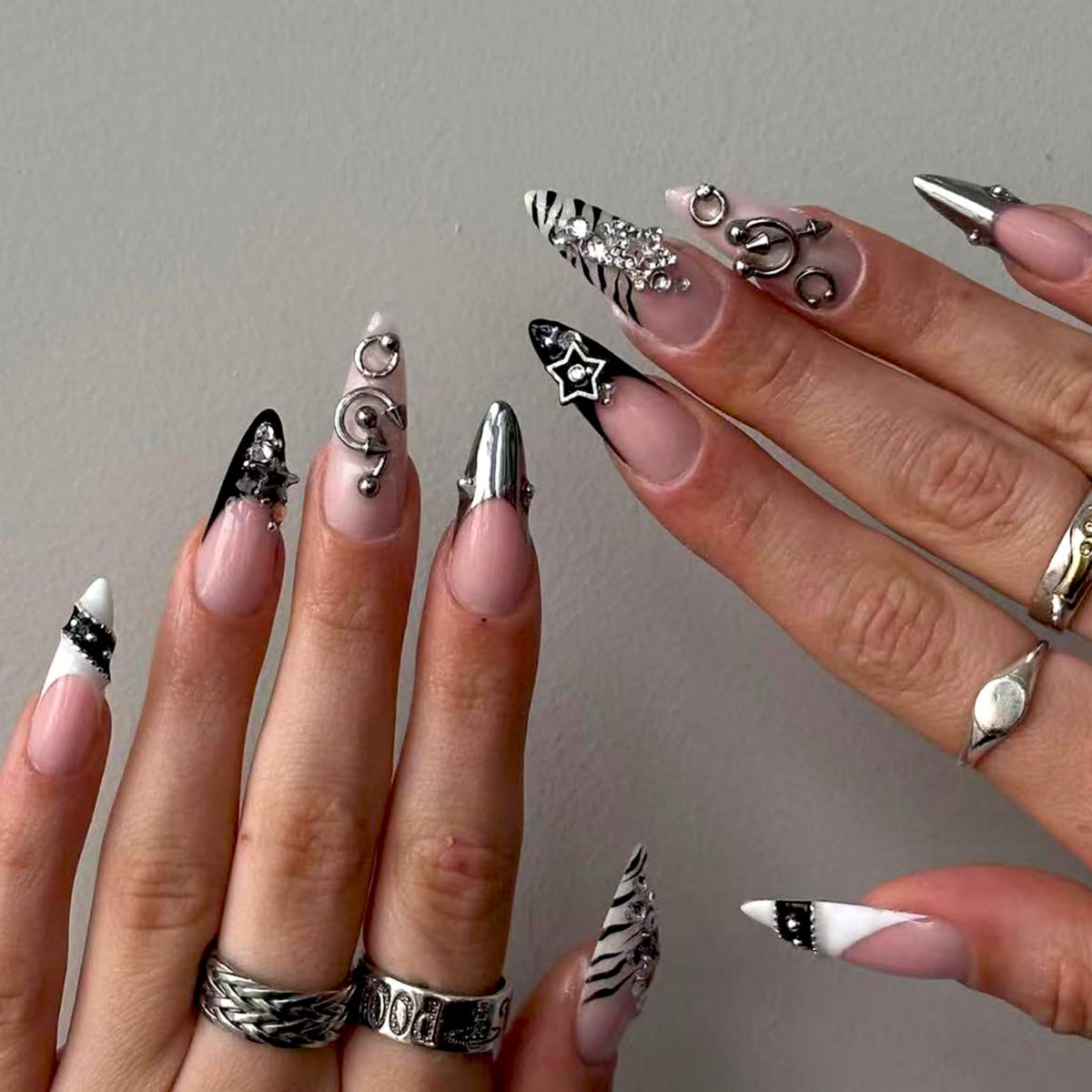 Long Press on Nails Almond Fake Nails Purple French Artificial Nail with 3D Flowers Designs Glitter Summer and Fall Cute Stick on Nail for Women 24pcs