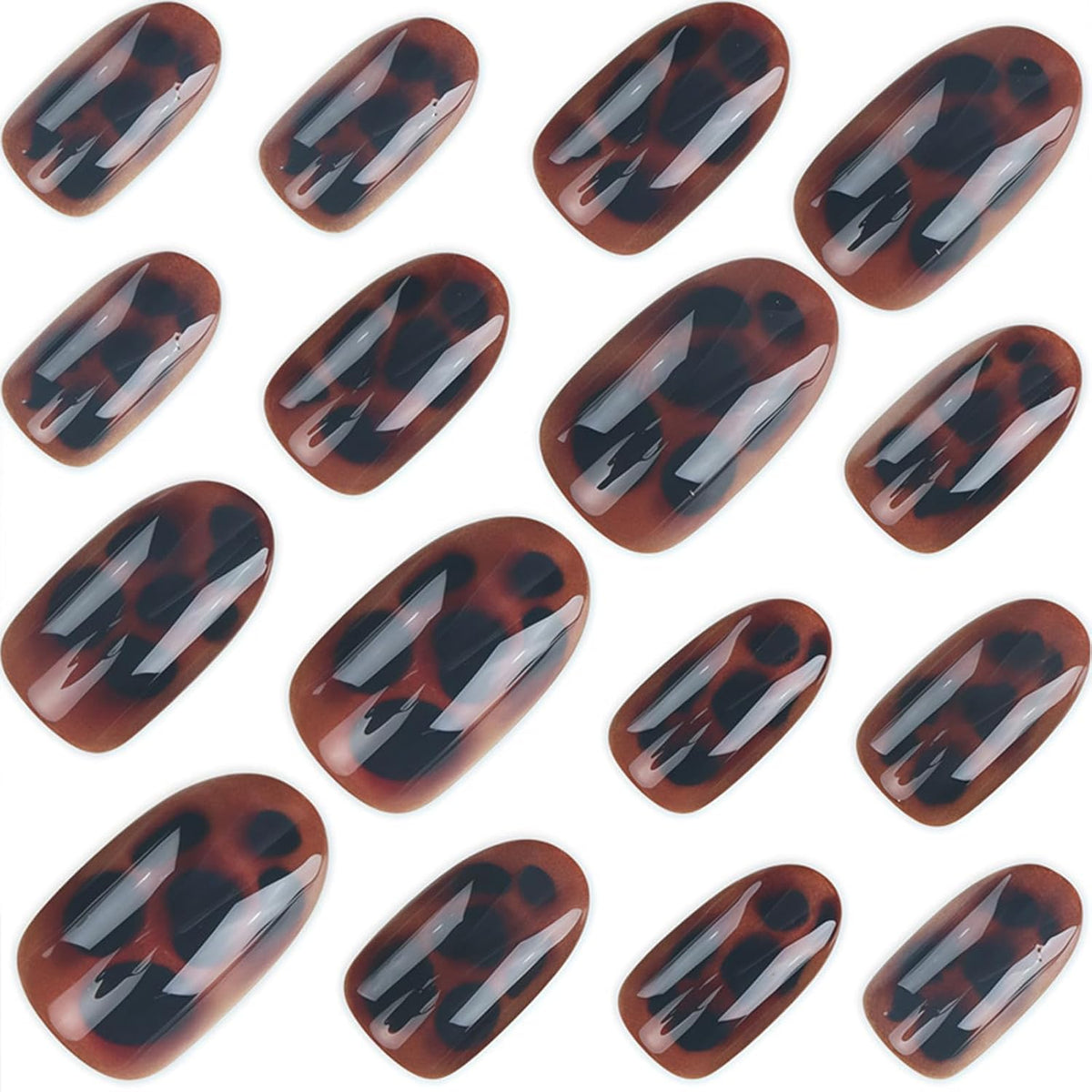 Dark Brown Tortoise Shell Press On Nails, Short Oval Fake Nails 24Pcs