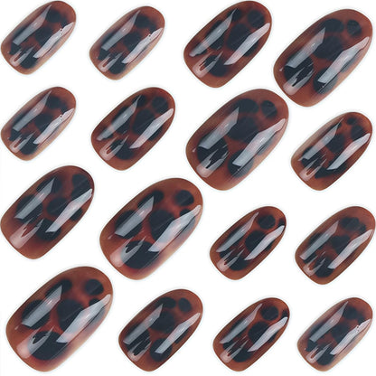 Dark Brown Tortoise Shell Press On Nails, Short Oval Fake Nails 24Pcs