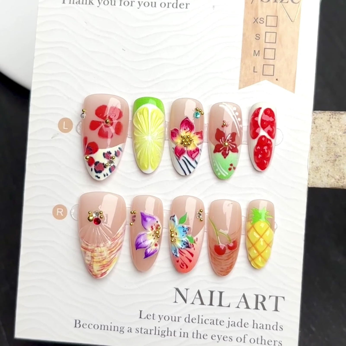 Fall Press on Nails Medium Almond French Tip, 30 Pcs Handmade 3D Flowers Gold Lines Embossed Designs, Glossy Nude Fake Nails, Reusable Glue On Nails, Full Cover Acrylic Nails for Women Brown