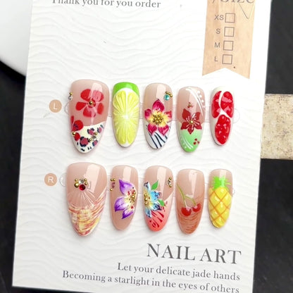 Fall Press on Nails Medium Almond French Tip, 30 Pcs Handmade 3D Flowers Gold Lines Embossed Designs, Glossy Nude Fake Nails, Reusable Glue On Nails, Full Cover Acrylic Nails for Women Brown
