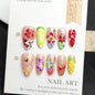 Fall Press on Nails Medium Almond French Tip, 30 Pcs Handmade 3D Flowers Gold Lines Embossed Designs, Glossy Nude Fake Nails, Reusable Glue On Nails, Full Cover Acrylic Nails for Women Brown