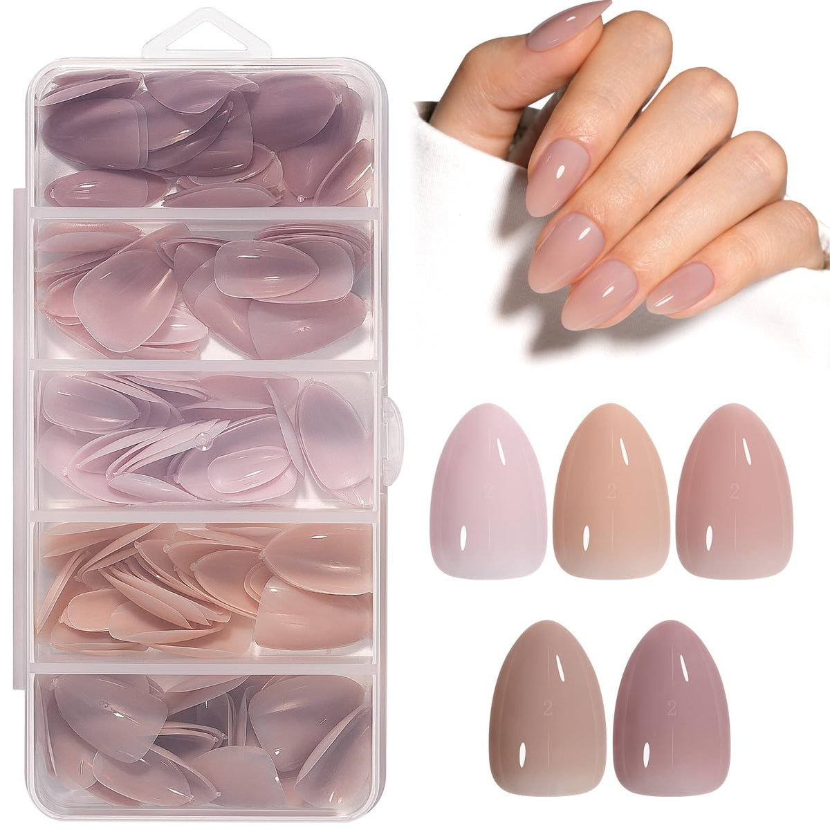 AILLSA Press on Nails Medium Almond Nude Pink Nail Tips 5 Colors 140 PCS