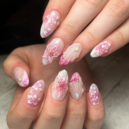 30Pcs Pink Press on Nails Medium Almond Fake Nails with 3D Flowers Pearl Designs Gold Flower False Nails Pink Gradient Acrylic Nail Tips Peach Blossoms Full Cover Stick on Nails for Women